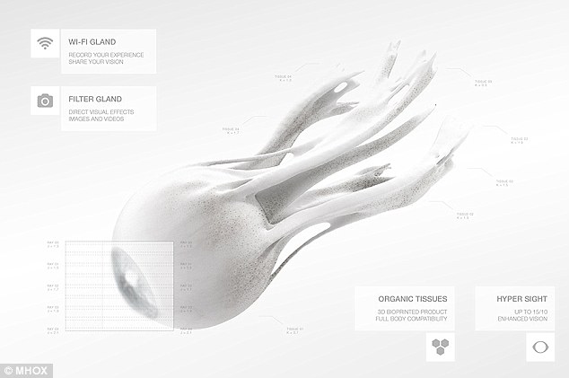 与正常眼睛相比，MHOX Eye概念（上图）旨在取代甚至增强视力